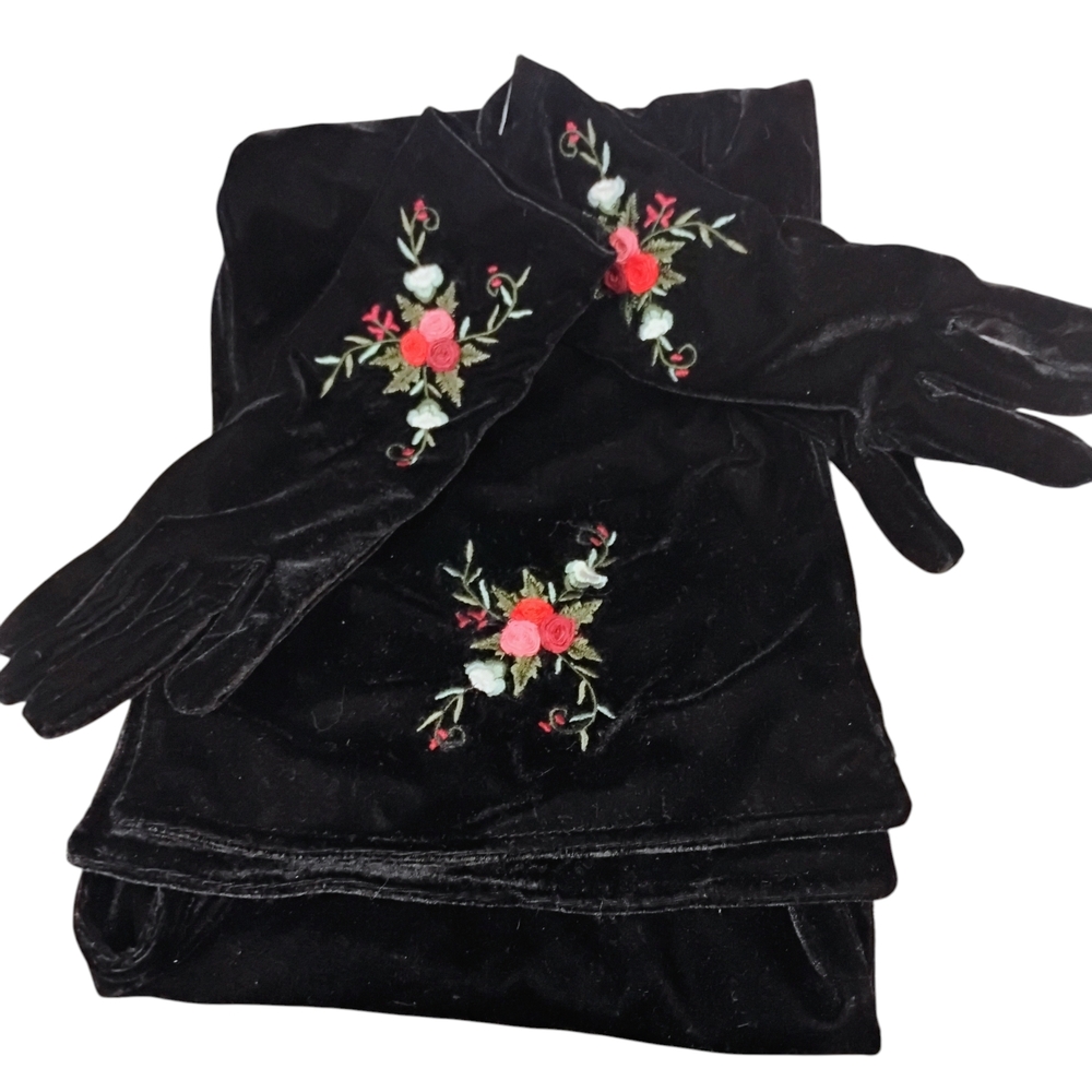 Embroidered Black Scarf and Glove Set